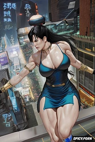 mature woman, silk, yelling, street fighter, blue dress, white sneakers