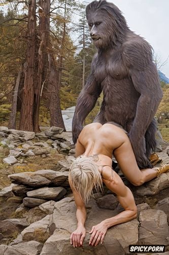 roars as he releases into her pussy, woman enjoys sasquatch fucking her doggy style