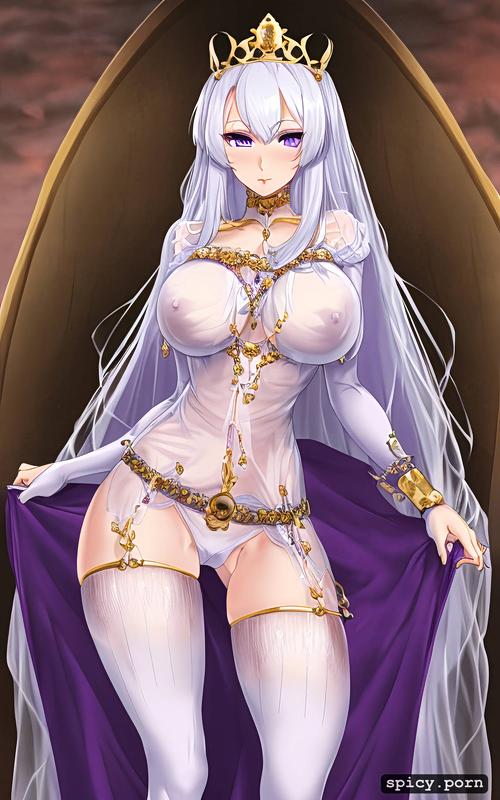 chastity belt, white hair, 91tdnepcwrer, 3dt, purple eyes, tiara
