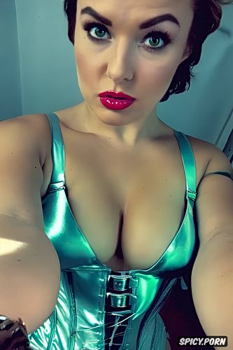 gorgeous face, curvy body, corset, green eyes, makeup, very small flat tits