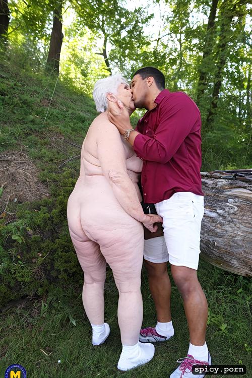 75 years old, threesome, scars on buttocks, chubby, white, kissing black male ass