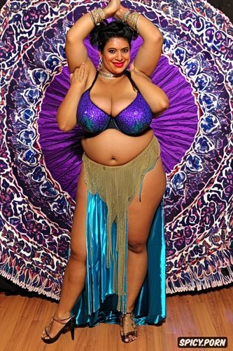 gorgeous voluptuous belly dancer, smiling, traditional piece belly dance costume