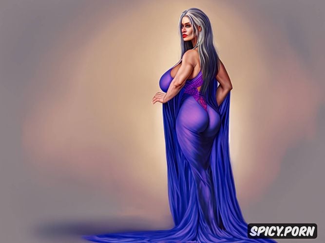 where fog swirls and torchlight casts a warm, dim glow, her regal purple outfit hugs her figure elegantly