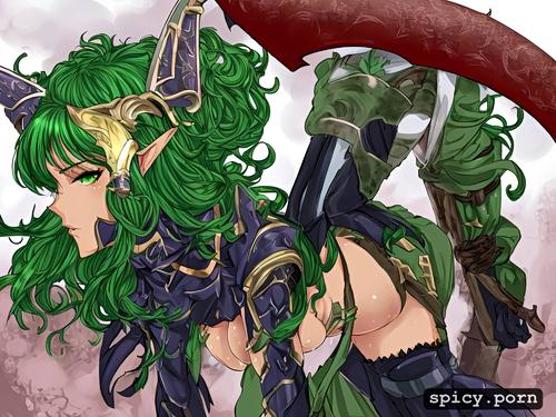 massive dick, elf ears, holding a weapon, milf, green curly hair