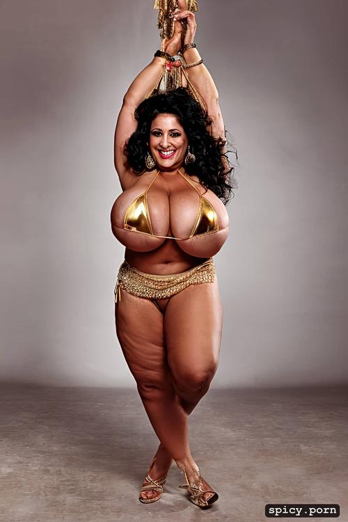 full body view, color portrait, giant hanging boobs, 45 yo beautiful arabian dancer