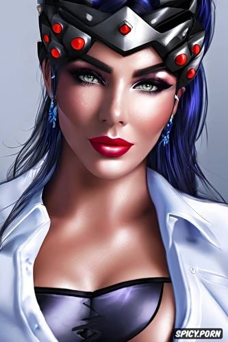 ultra detailed portrait, ultra realistic, widowmaker overwatch blue bolero jacket white shirt shirt unbuttoned beautiful face full lips milf