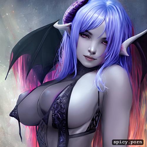 nice natural boobs, 18 yo, white ethnicity, purple hair, little horns