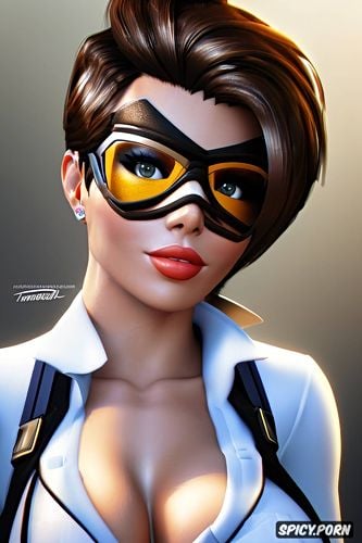 tracer overwatch female president of the united states black blazer white shirt shirt unbuttoned beautiful face full lips milf