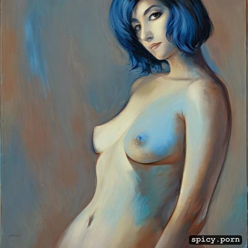 an 18 year old nude woman with small breasts and blue hair 160cm tall