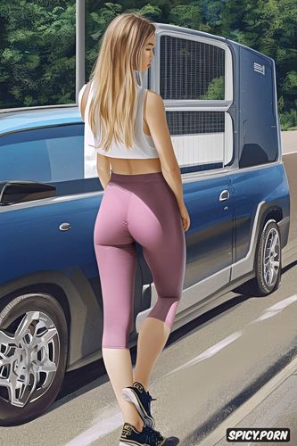 blonde hair, full body visible, portrait, tiny boobs, rest stop on highway