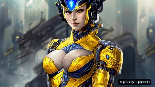 mech, key visual, precise lineart, yellow and blue colors, busty