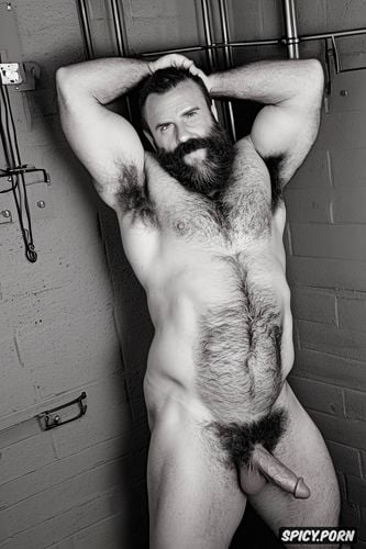 solo very hairy gay muscular old man with a big dick showing full body and perfect face beard showing hairy armpits in a jail cell chubby body wearing prison guard uniform