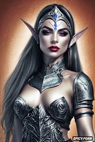 fantasy high elf warrior queen beautiful face young tiara tattoos tight shirt and leather armor sword village magic full lips masterpiece