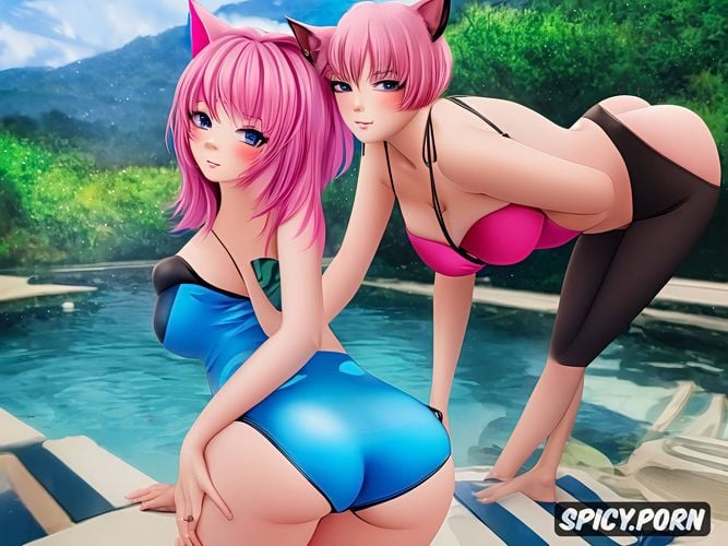 small ass, pink hair, short hair, cat ears, swimsuit, undressing