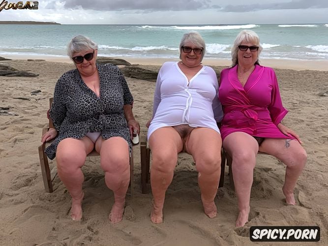 heavy huge vintage glasses, nsfw, two fat grannys on the beach