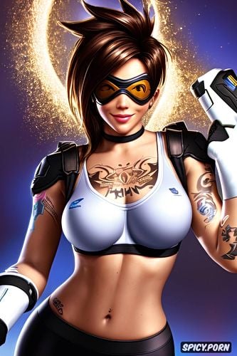 tracer overwatch beautiful face young full body shot, tattoos small perky tits tight white sports bra and black leggings masterpiece