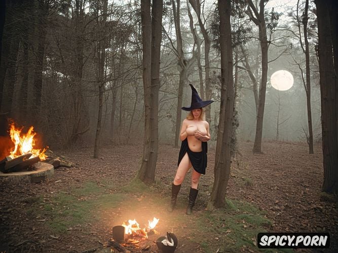 hat, woods, witch, firm boobs, full shot, short skirt, open robe