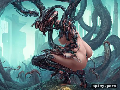 beautiful sex goddess, pussy visible, biomechanical monsters with dicks