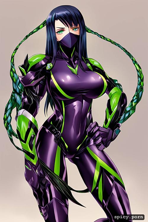 solo, green skin tight body suit, black boots that reaches her thighs