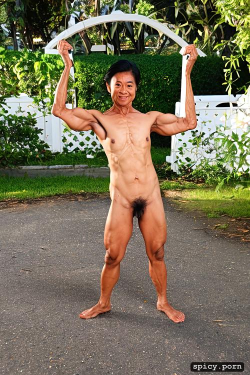 hairy pubis, muscluar legs, skinny body, outdoor, nude, unmatched strength