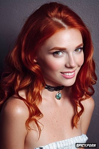 large eyes, flat chest, candyland, smile red haired woman ginger freckles skin type