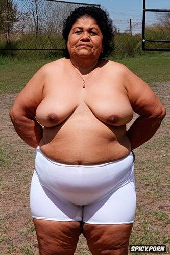 shaved, inflated belly, at urbain basketball terrain, an old fat mexican granny standing
