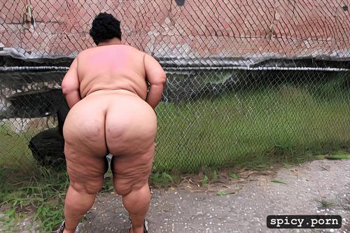 at street, short hair, large high hips, sagging fat belly, an old fat hispanic naked woman with obese belly
