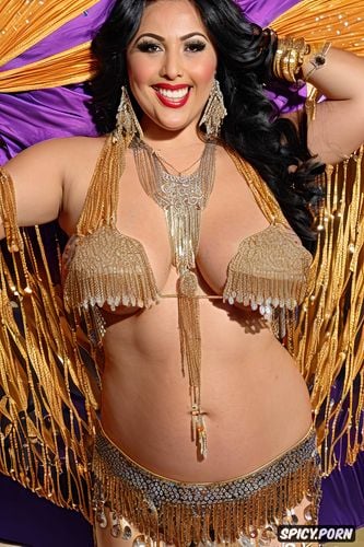 massive saggy melons, gold and silver and colorful jewelry, elegant bellydance costume with matching jeweled bikini top