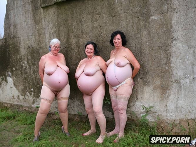 a group of pregnant white haired grannies with big tits posing in front of a wall