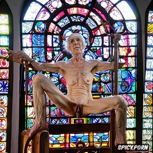 glasses, spreading legs, ninety year old, stained glass windows
