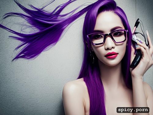 purple hair, japanese lady, latex, bathroom, beautiful face