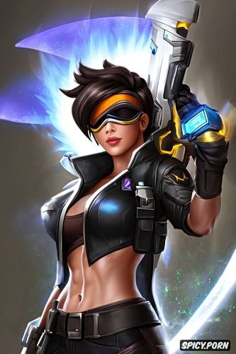 abs, masterpiece, ultra realistic, tracer overwatch female fantasy assassin skin tight black assassin robes daggers beautiful face portrait muscles