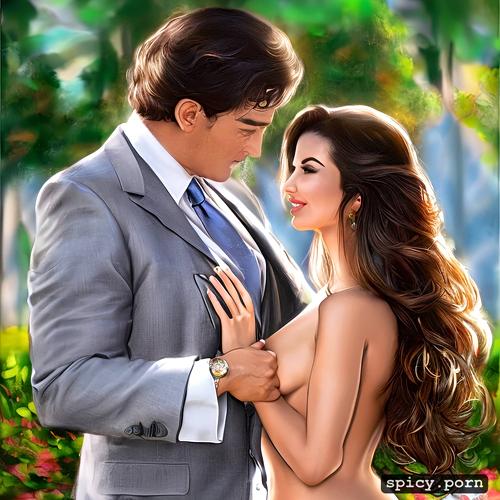 fine art, hd, textured paint, wealthy man in a tuxedo showing off his completly nude stunningly beautiful trophy girlfriend in a crowded bustling country club