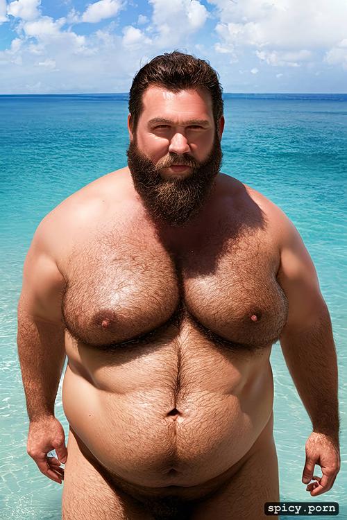 big balls, chubby hairy man with extra large belly, short hair