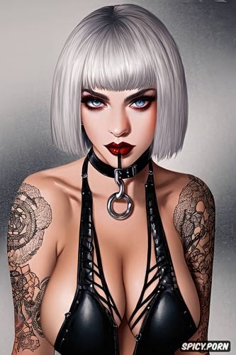 squatting, slim, black goth makeup, aesthetic, posing, tattoos on the neck and shoulder