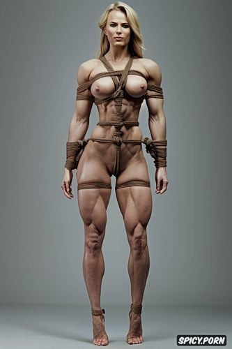 front view, bound, huge quads, naked, bondage, thick veins, muscular legs