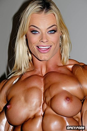 roided hyper muscular female bodybuilder, defined abs, seductive