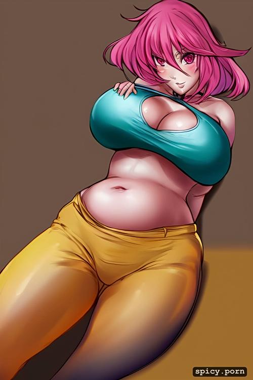 massive bloated belly, black pants, massive busty breasts, pink eyes
