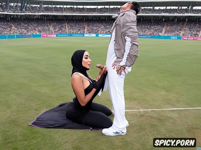 on her knees infront of indian cricketes, beautiful face, fit indian male cricketers