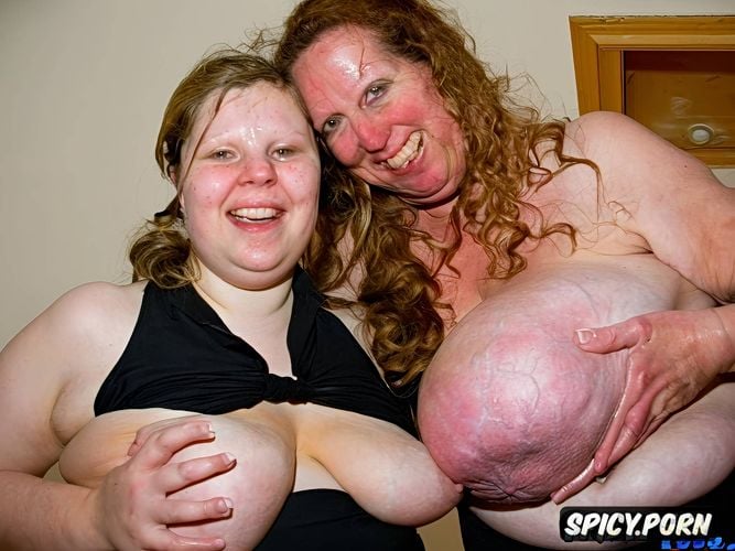 very small short nose, worlds most floppy and most saggy breasts hanging out