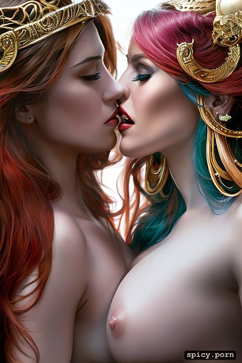busty naked medusa and aphrodite kissing each other