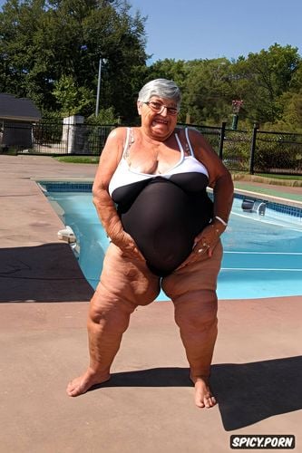 she smile, a photo of a short ssbbw hispanic pregnant granny standing up at public pool