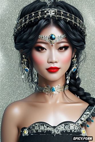 ultra detailed, ultra realistic, fantasy asian queen beautiful face full lips asian skin long soft black hair in a braid diadem full body shot