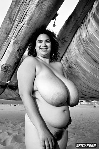 giant chubby breasts, half view, beach, gigantic natural boobs