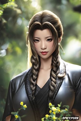 ultra detailed, ultra realistic, aerith gainsborough final fantasy vii rebirth sheer black robe soft lights beautiful face asian skin tone portrait