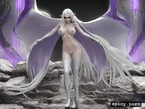 perfect slim albino female elf, 23 yo, small boobs, purple eyes