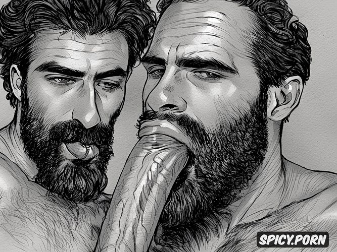 sketch of a naked penis sucking bearded hairy man, gay blowjob