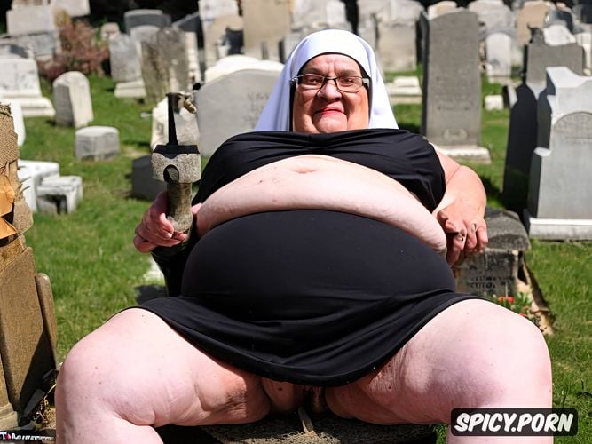 fat legs, cellulite, front view, nun dressed, glasses, silly grimace