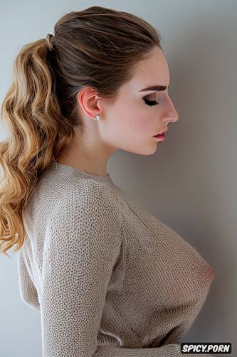 wearing sweater and bottomless, in front of gray wall, seductive