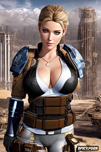 blue eyes, gears of war, messy hair, cog necklace, busty, ultra realistic